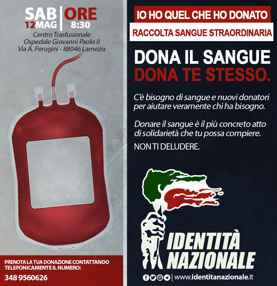 Lamezia, il 12 maggio raccolta sangue promossa da Identità Nazionale