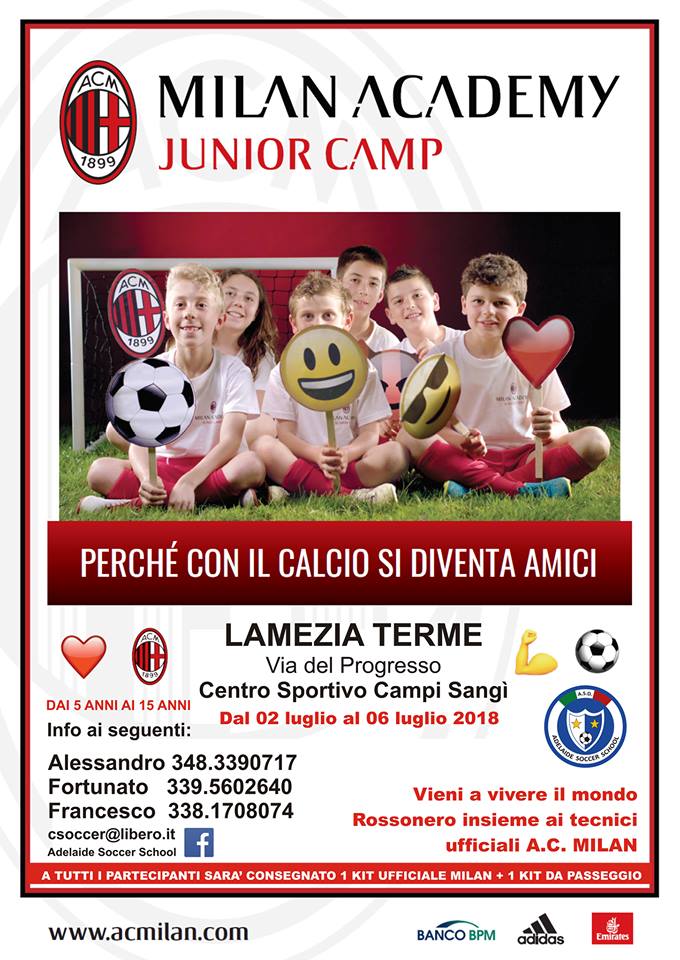 Lamezia. Milan Junior Camp, dal 2 luglio il campus estivo del Milan