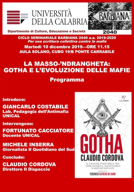 Il 10 dicembre all'Unical seminario sulla masso-’ndrangheta con Claudio Cordova