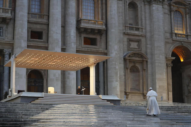 Pope Francis delivers an extraordinary "Urbi et Orbi" (to the city and the world) blessing - normally given only at Christmas and Easter - from an empty St. Peter's Square, as a response to the global coronavirus disease (COVID-19) pandemic, at the Vatican, March 27, 2020. ANSA/ REUTERS/ YARA NARDI/ POOL