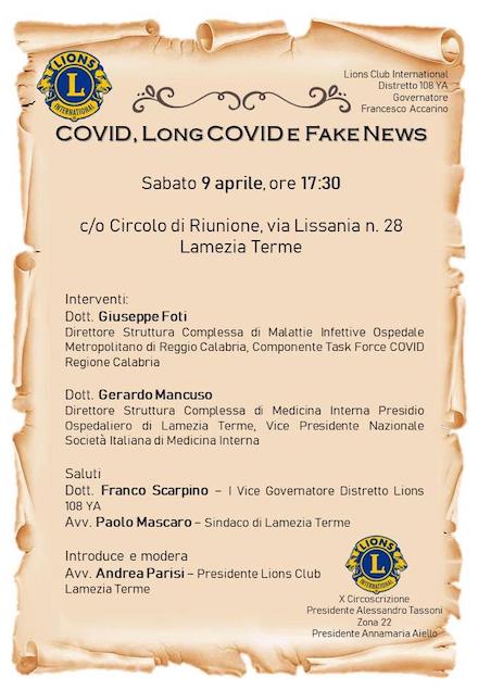 Lions Club Lamezia: il 9 aprile convegno su "Covid, Long Covid e Fake News"