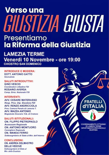 Riforma della Giustizia, il 10 novembre evento di Fratelli d'Italia