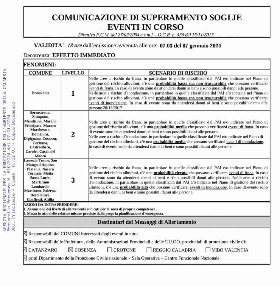 Maltempo Calabria: aree lametine a rischio frana, il bollettino della Protezione Civile